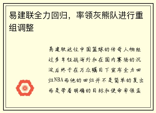 易建联全力回归，率领灰熊队进行重组调整